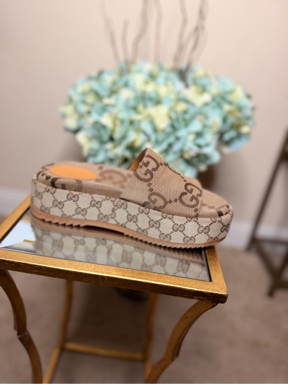 Gucci Beige Brown GG Canvas Platform Slide Mule